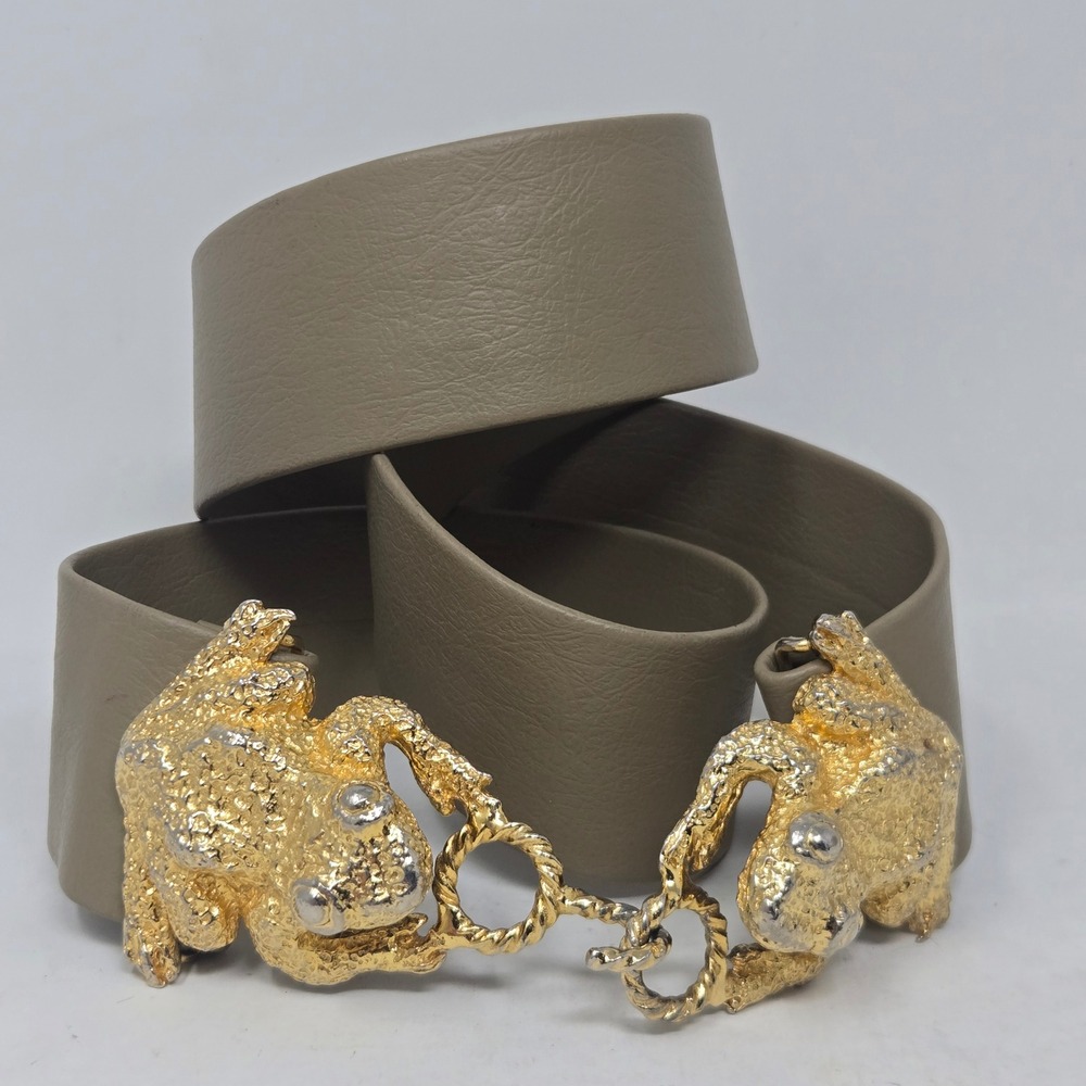 Mimi di N Vintage Frog Buckle Belt Gold Silver Tone Taupe Leather Adjustable